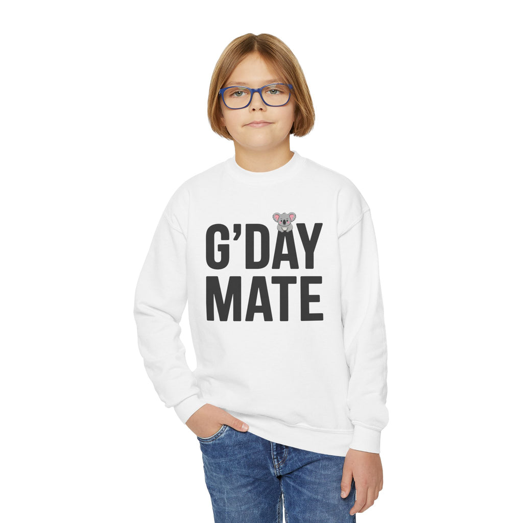 G’DAY MATE Youth Sweatshirt – Gildan 18000B (White or Red Kids Greeting Crewneck)