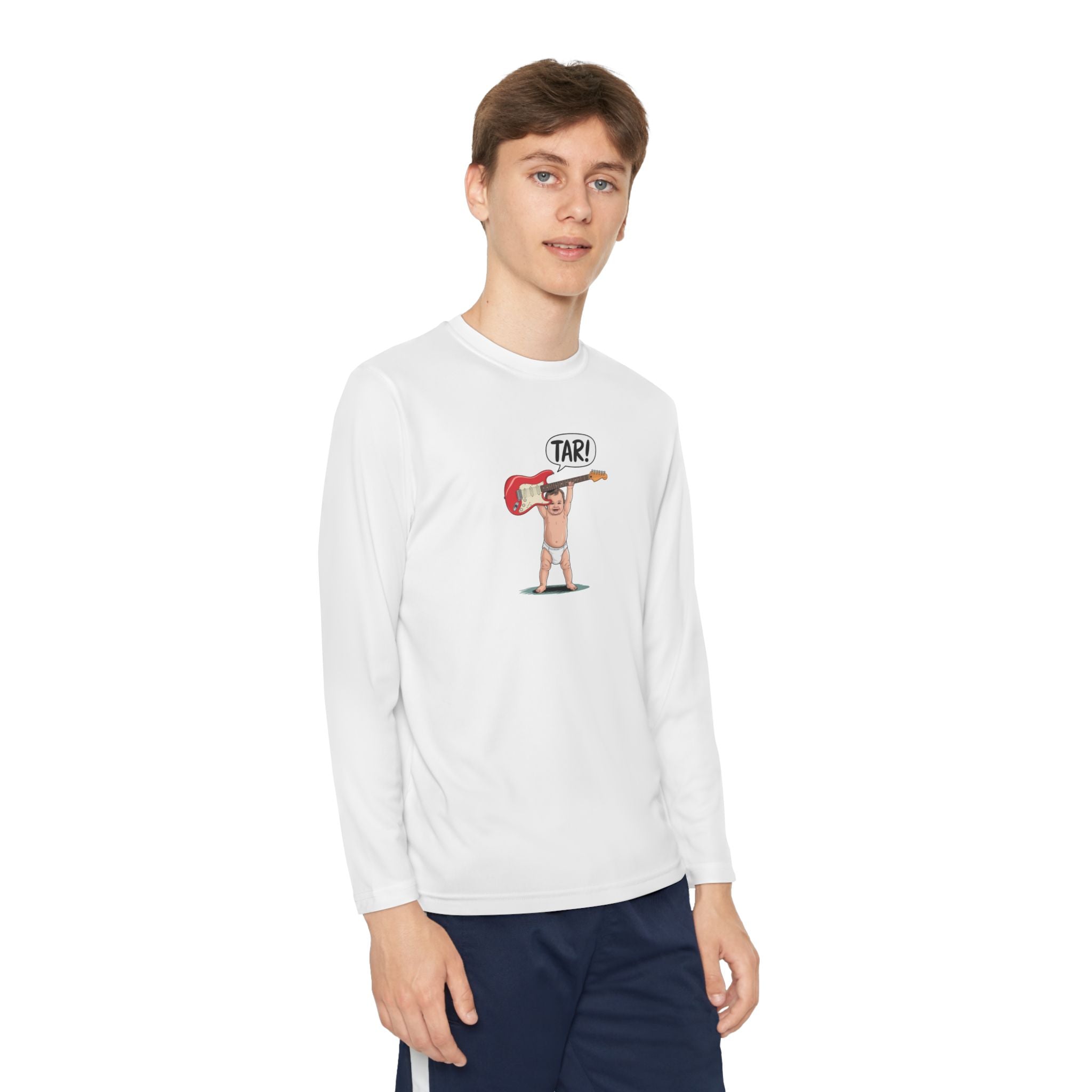 Tar! Electric Youth Long Sleeve – Sport-Tek YST350LS (White Kids Performance Guitar Shirt)