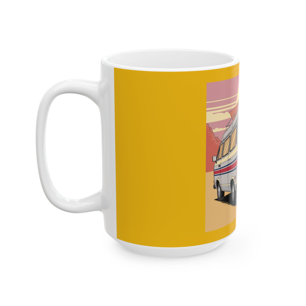 Old Couple Van Life Desert Mug – Yellow Ceramic Coffee Cup (11oz or 15oz Scenic Camper Design)
