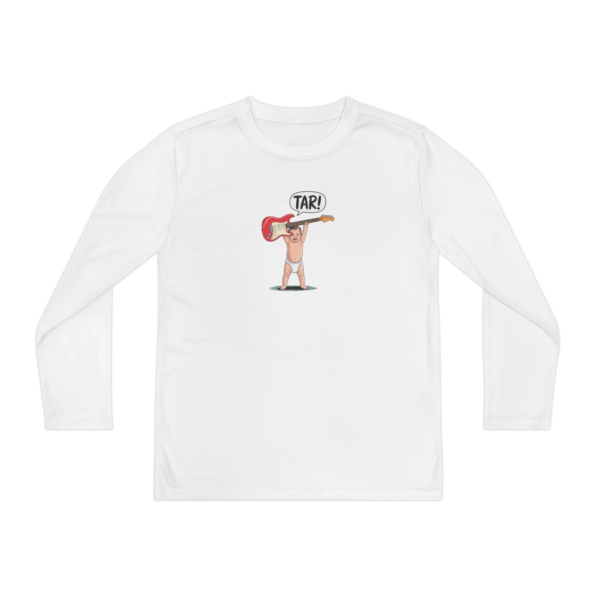 Tar! Electric Youth Long Sleeve – Sport-Tek YST350LS (White Kids Performance Guitar Shirt)