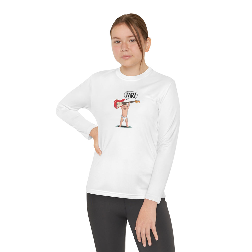 Tar! Electric Youth Long Sleeve – Sport-Tek YST350LS (White Kids Performance Guitar Shirt)