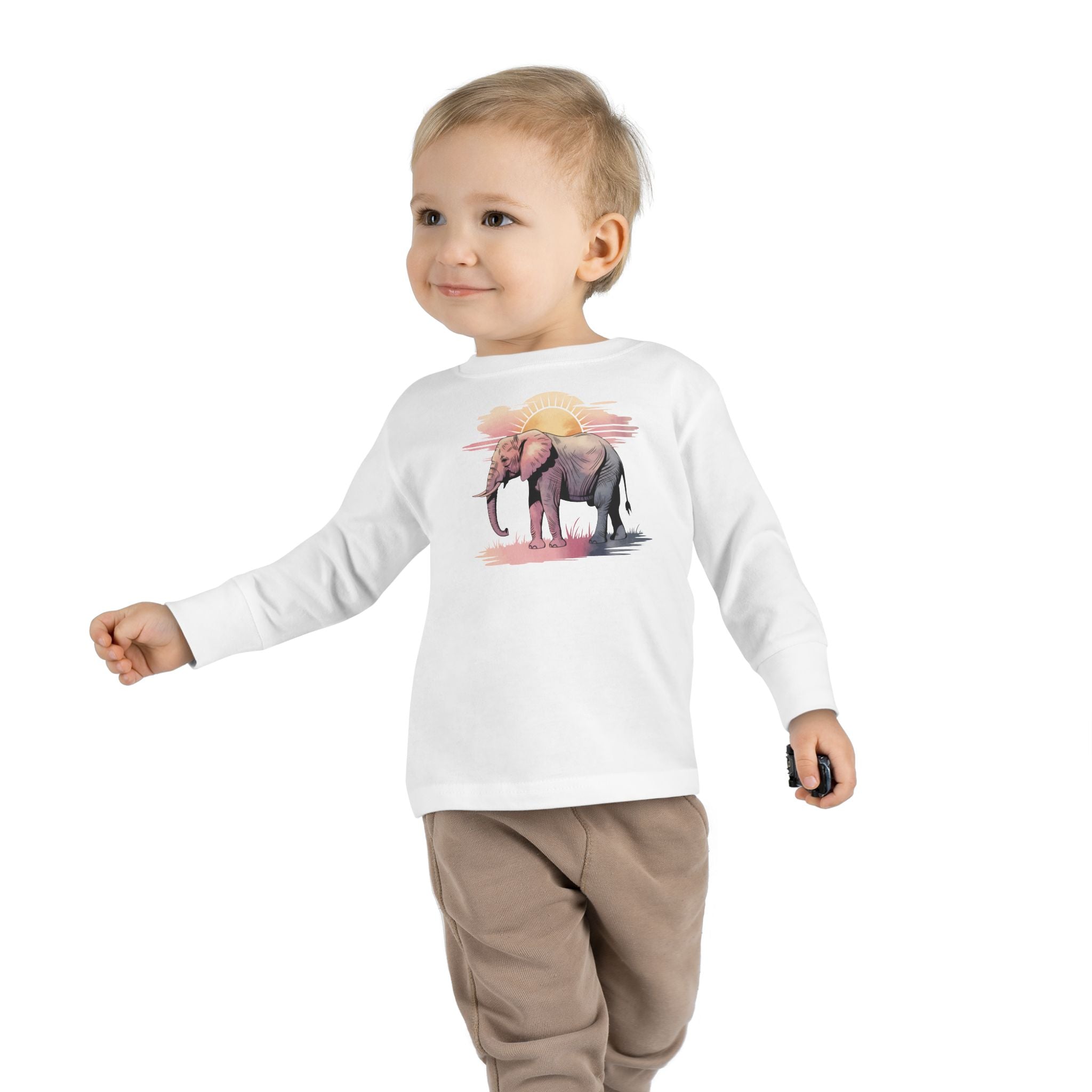 Elephant Watercolor Toddler Long Sleeve – Rabbit Skins 3302 (White Kids Nature Shirt)