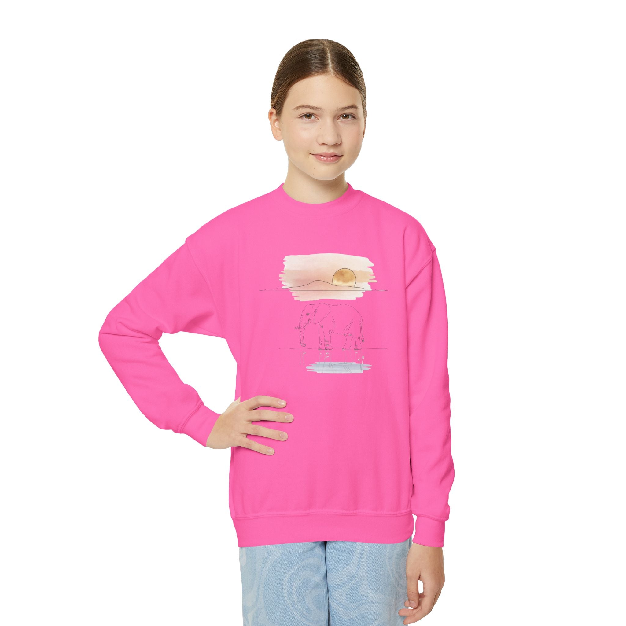 Elephant Watercolor Youth Sweatshirt – Gildan 18000B (Safety Pink Kids Nature Crewneck)