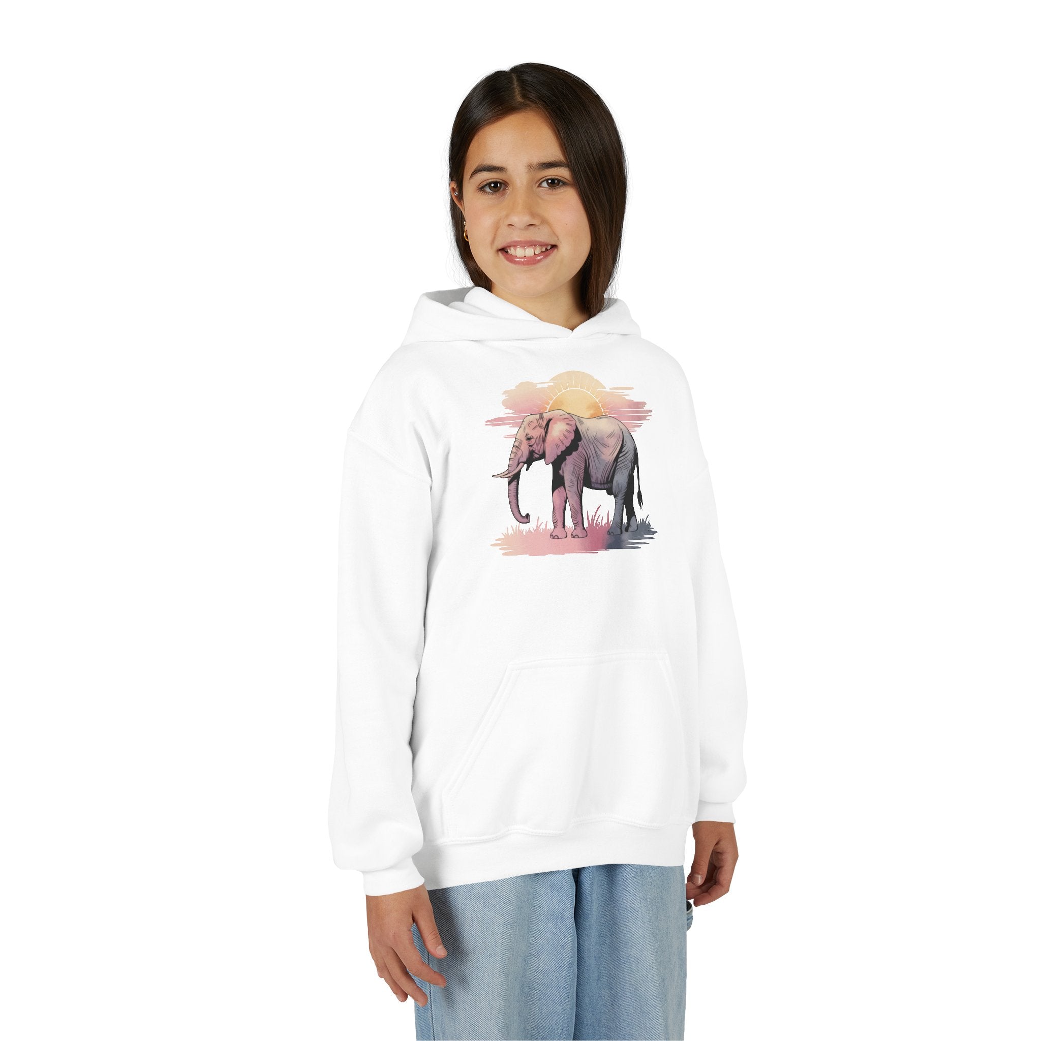 Elephant Watercolor Youth Hoodie – Gildan 18500B (White Kids Nature Sweatshirt)