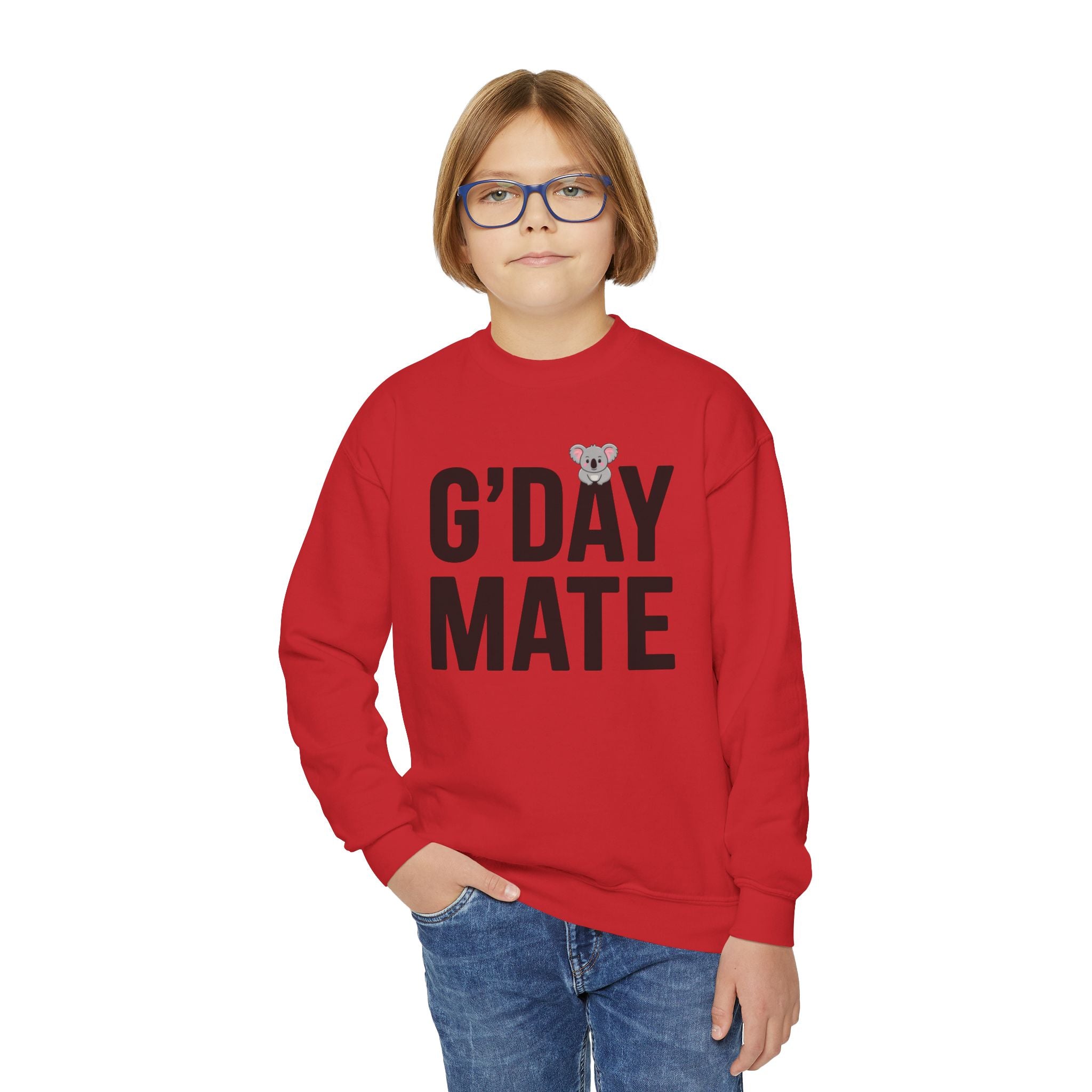 G’DAY MATE Youth Sweatshirt – Gildan 18000B (White or Red Kids Greeting Crewneck)