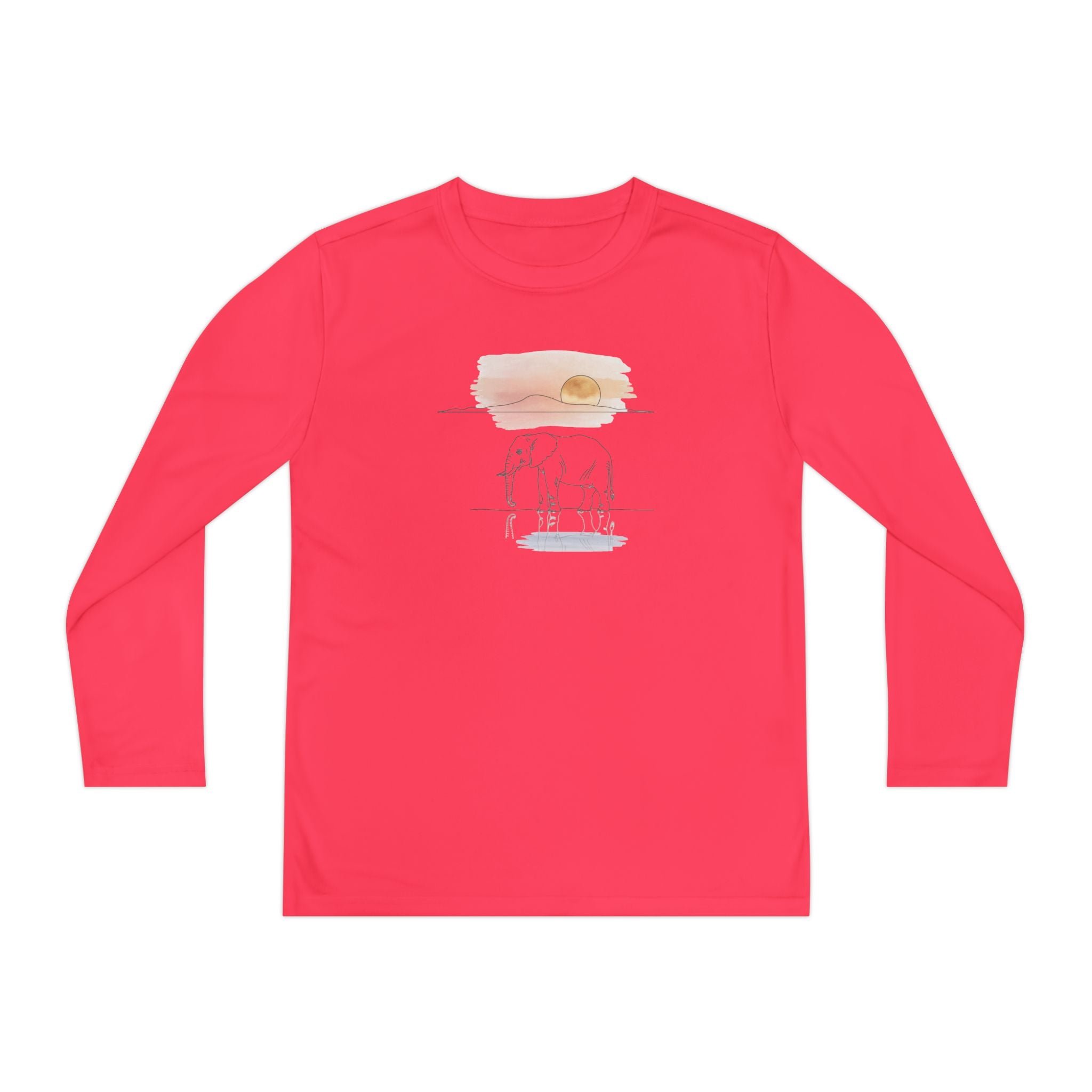 Elephant Watercolor Youth Long Sleeve – Sport-Tek YST350LS (Hot Coral Kids Nature Performance Shirt)