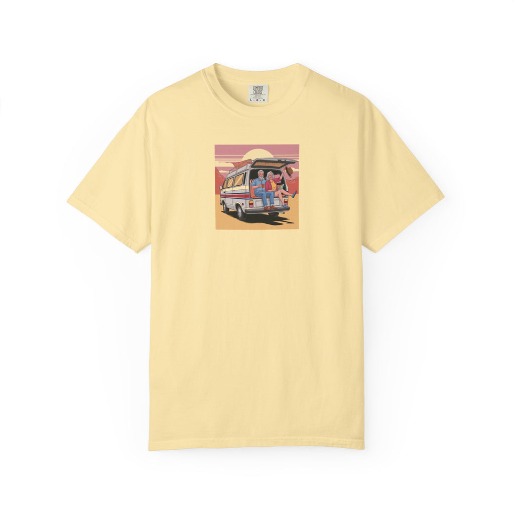 Old Couple Van Life Desert Tee – Comfort Colors 1717 (Banana Yellow Scenic Graphic Shirt)