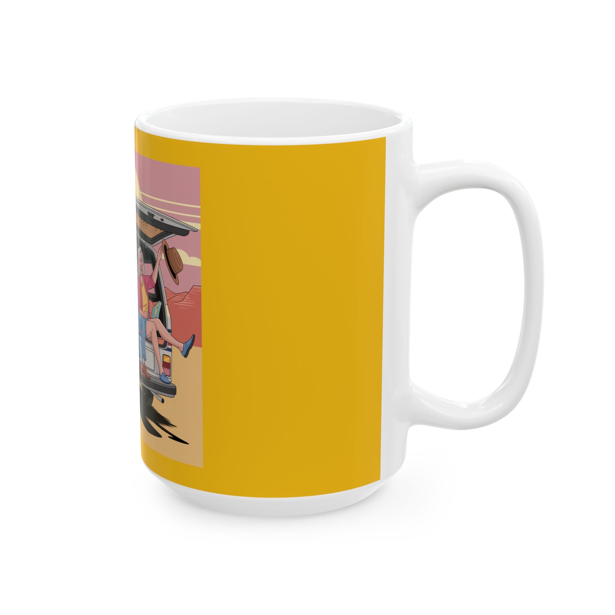 Old Couple Van Life Desert Mug – Yellow Ceramic Coffee Cup (11oz or 15oz Scenic Camper Design)